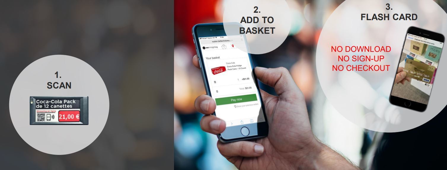 Payment at the shelf has never been easier - in-store customers just scan, add to their virtual shopping basket and scan their credit card - and can thus completely avoid cash lines! [(c) SES-imagotag Vusion Pay]